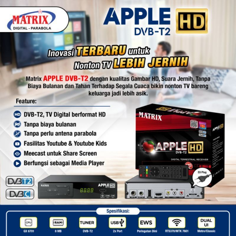 Stb Set Top Box MATRIX DVBT-2 APPLE HD MERAH siaran digital TV Tabung LED LCD