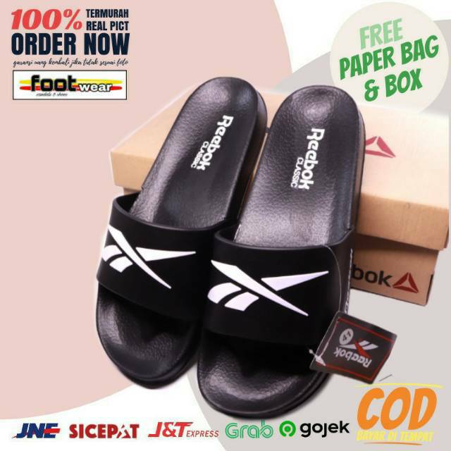 SENDAL COWOK REEBOK SLIDE SANDAL SPORT FLIP FLOP HITAM PUTIH PRIA WANITA IMPORT GRADE ORIGINAL MURAH