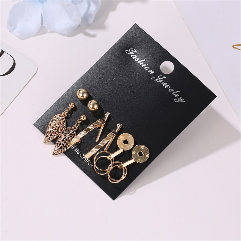 6 Pasang / set Anting Tusuk Gaya retro Eropa / Amerika Bentuk Daun Geometri Aksen hollow Untuk Perhiasan Wanita
