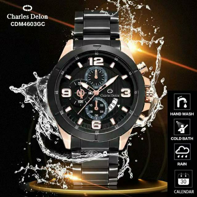 JAM TANGAN COWOK ELEGANT KUALITAS ORIGINAL CHARLES DELON BLACK GOLD LIMITED EDITION