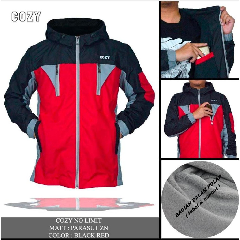 TERLARIS !! JAKET GUNUNG OUTDOR PRIA BAHAN PARASUT TEBAL KOMBINASI WARNA TERMURAH ORIGINAL DISTRO-BLACK-RED