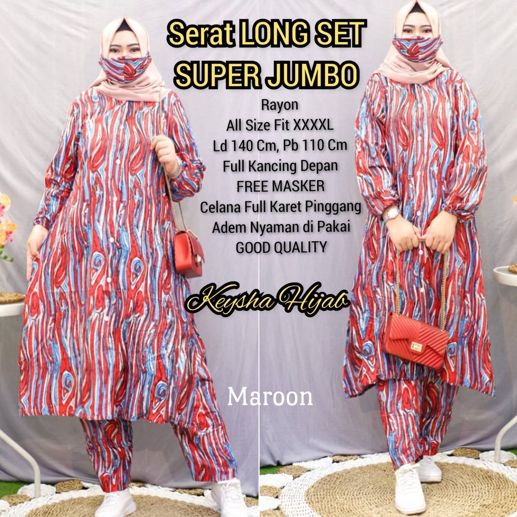 Setelan Tunik Celana Wanita Super Jumbo LD 140 Full Kancing Depan Aktif ll Serat Long Set ll Keysha 