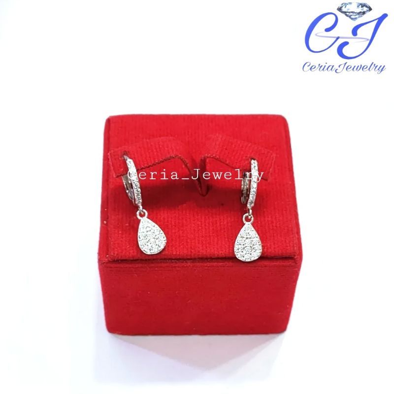 Anting Perak Asli Silver Wanita 925 Lapis Emas Putih Model Jepit Gantungan Oval _ Perhiasan Perak