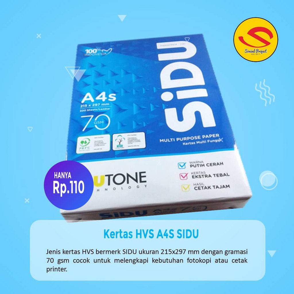 

Kertas HVS Sinar Dunia SIDU isi 100lbr A4S 70 gr/ Kertas HVS Print / Fotocopy Murah