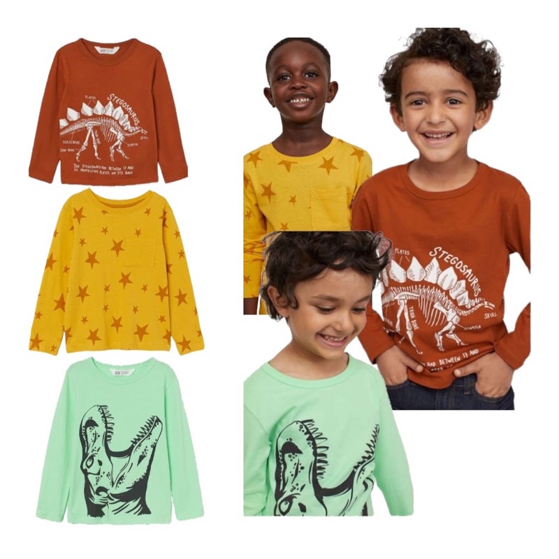 HM tee boy long sleeve dino hijau merah bata/Kaos anak laki laki lengan panjang/H&M kaos kuning star