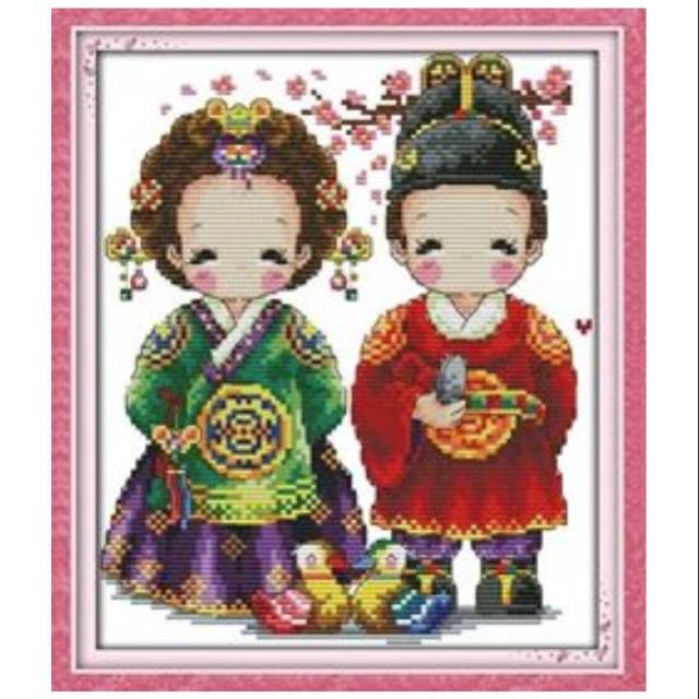 Paket kristik pernikahan korea pola kain kartun pasangan korea wedding korean cross stitch 14ct coup