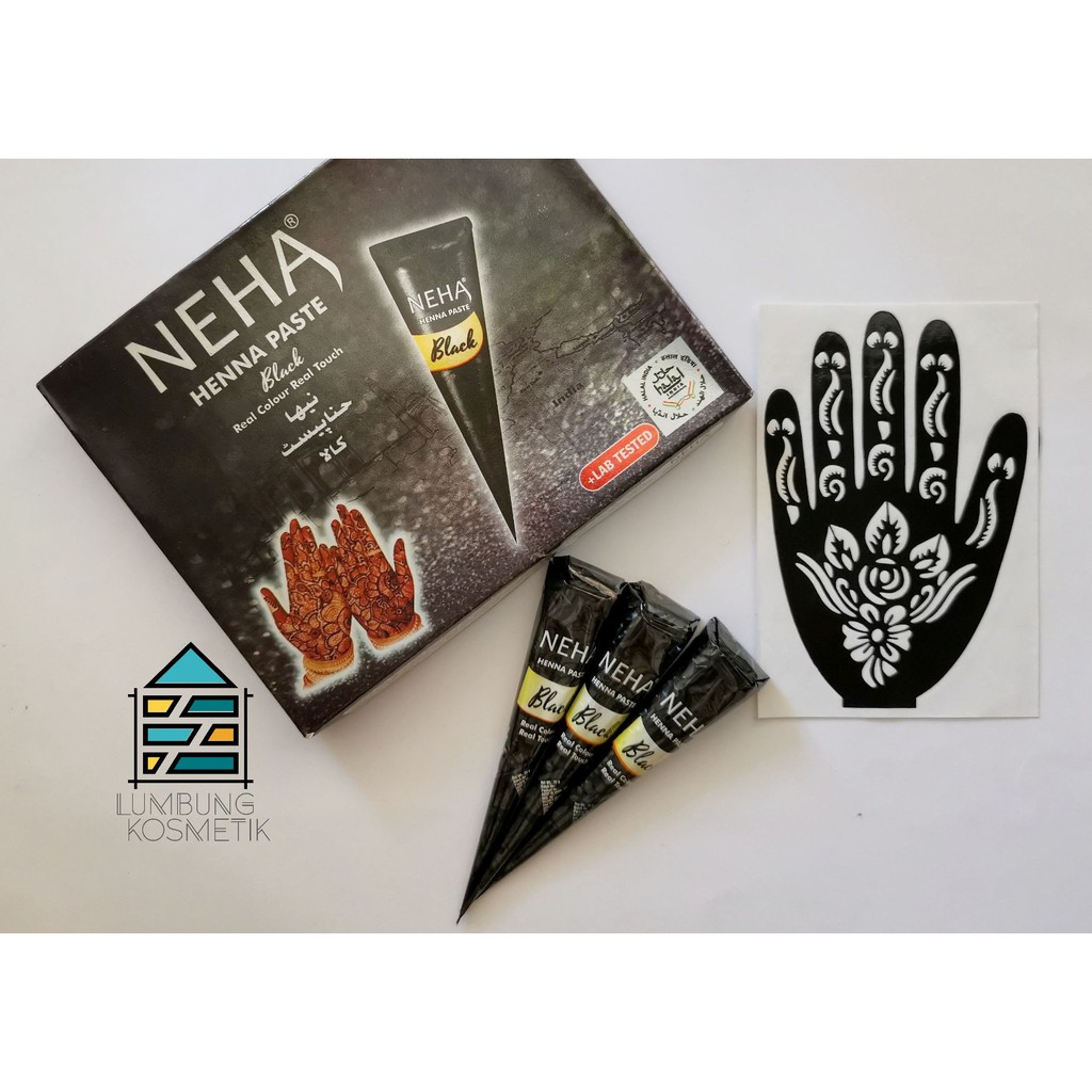 Paket Henna Neha / Golecha Hitam + Cetakan Sticker Hena Black Cone Nail Art Ecer