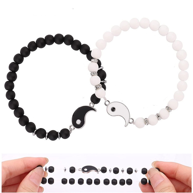 AZ245 [COD✔] 1pcs Hitam Dan Putih Gelang Couple Bracelet Pria / Wanita Desain Manik-Manik Obsidian