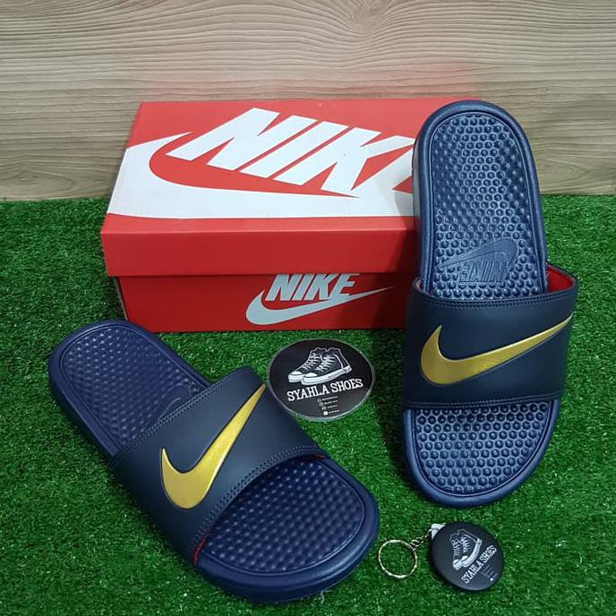 Barang Terjamin SANDAL MURAH PRIA NIKE BENASSI NAVY GOLD 100% ORIGINAL FREE KAOS KAKI - Biru, 39