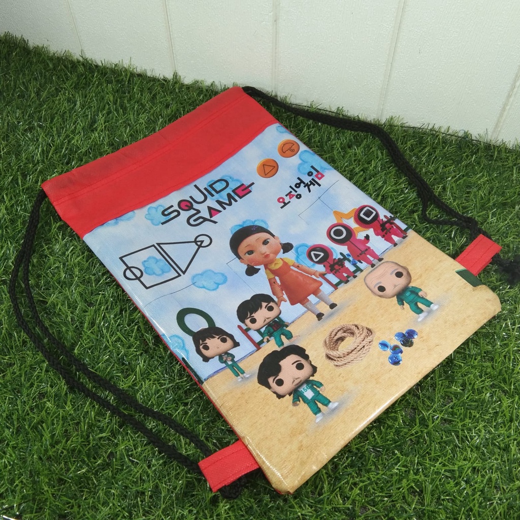 Tas Ultah Anak Squid Game Ready Stock Serut Backpack Souvenir Squid Game Tas Murah Merah Terlaris