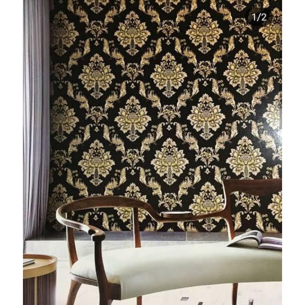 COD TERLARIS Wallpaper Dinding Batik Emas Dasar Hitam - Wallpaper Ruang Tamu - Ruang Sholat 10M