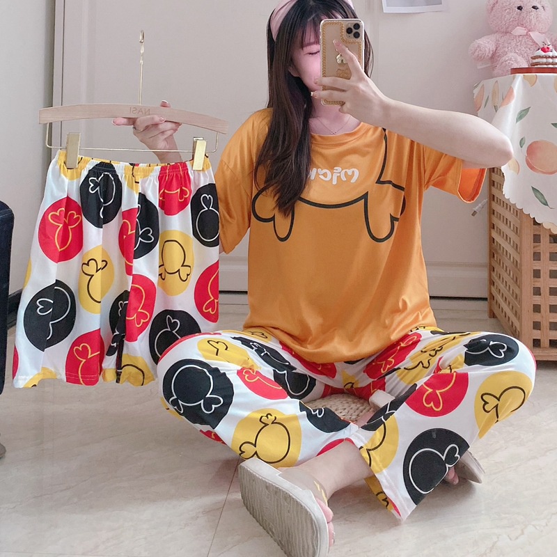 Baaju.id Baju Tidur 3in1 Piyama Import Wanita Baju Rumah 1 Set Lengan Pendek Celana Pendek &amp; Panjang