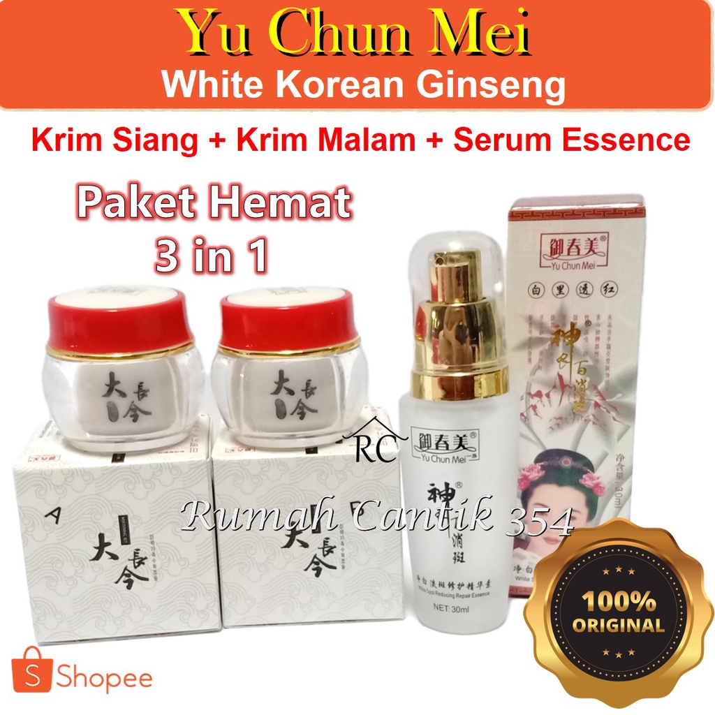 Paket Hemat 3 in 1 Yu Chun Mei White Day Night Cream + Serum Essence Rumah Cantik 354 Paket YuChunMei White Korean Ginseng Extract Cordy Putih Cordysep Asli Original Import