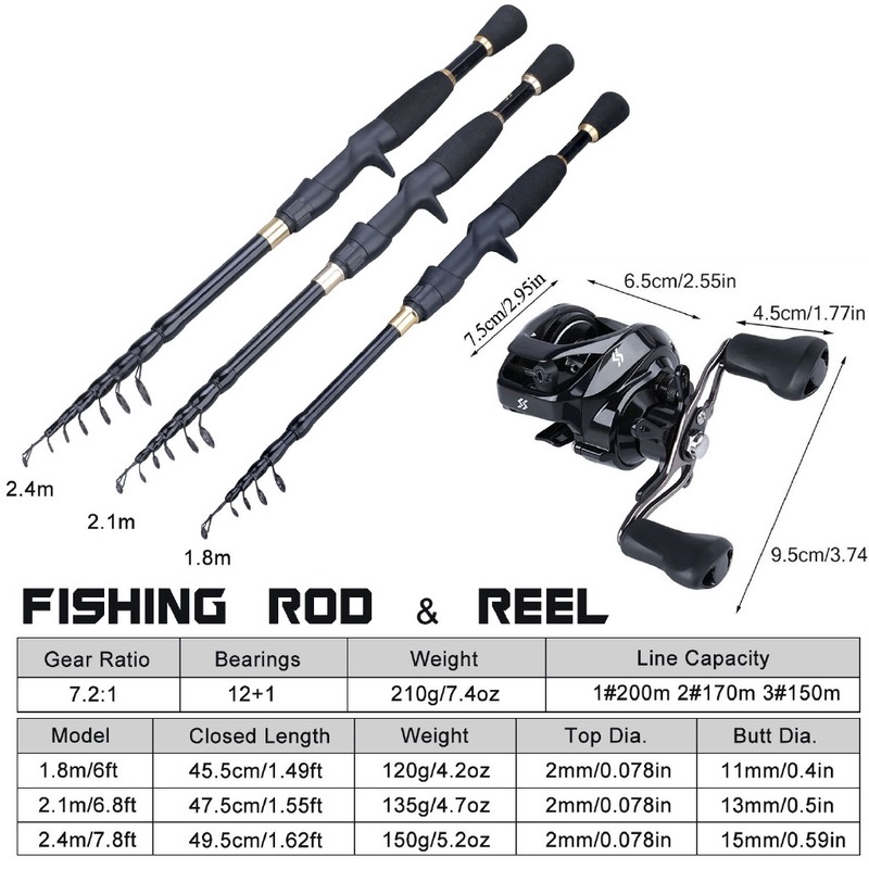 Sougayilang Telescopic Fishing Rod Reel Set 1.8m-2.4m Ultralight Weight Casting Fishing Rod dan 7.2:1 Gear Ratio 12 + 1BB Baitcasting Fishing Reel Combo pancingan set lengkap