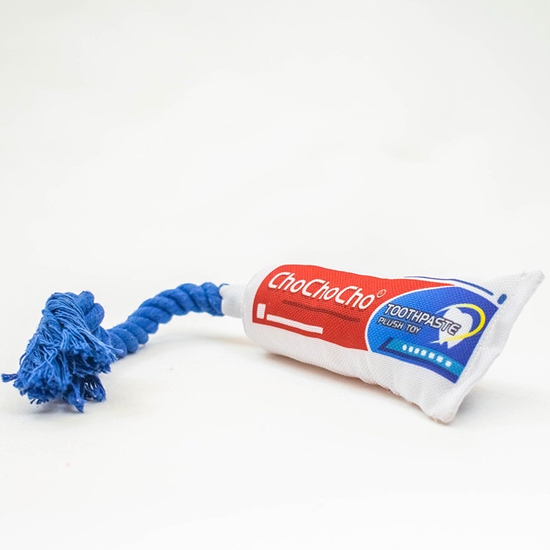 Chocho dog toothpaste squeaky toy with rope