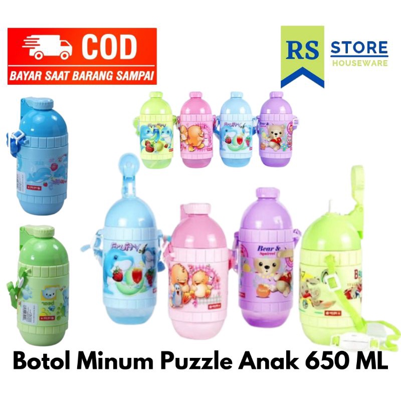 Botol minum viral puzzle tali motif korea terbaru cantik 650ml  anak sekolah sport kekinian jumbo lo