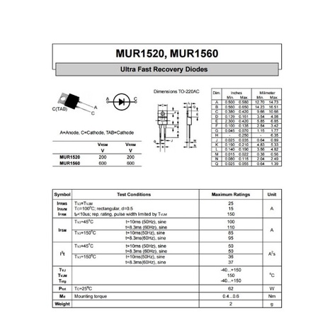 MUR1560 MUR 1560 600V Ultra Fast Rectifier Recovery Diodes diode dioda