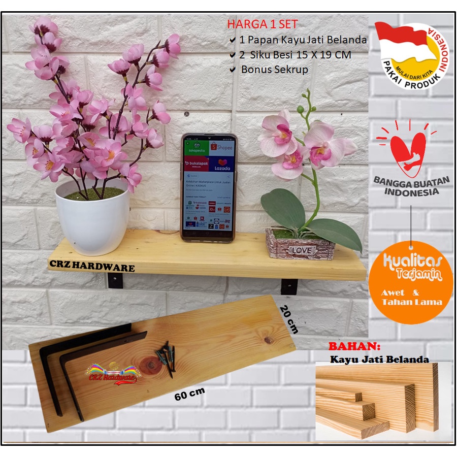 Rak Ambalan Tempel Dinding Serbaguna Harga 1 Set Besi Siku dan Papan 60X20 CM