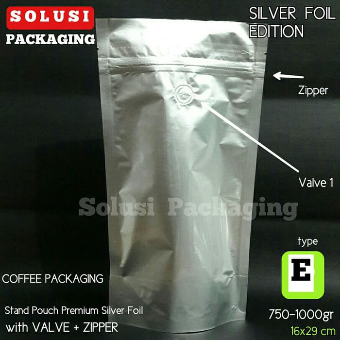 

KEMASAN KEMASAN KOPI E 750-1000 GR/STAND POUCH SILVER FOIL ZIPPER VALVE/GUSSET