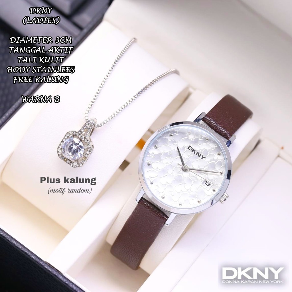 JAM TANGAN WANITA DKNY TALI KULIT BODY BULAT TANGGAL AKTIF FREE KALUNG