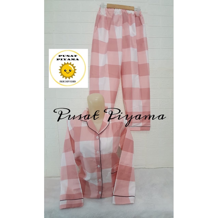 Setelan Lengan Pendek Piyama Baju Tidur Wanita Guilen Kotak Pajamas Cewek Dewasa Kekinian Abg-L NONA Panjang Pink