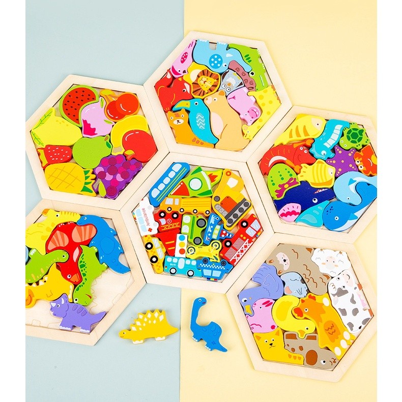 MAIN PUZZLE KAYU 3D HEXAGON - MENGENAL HEWAN, TRANSPORTASI, dsb