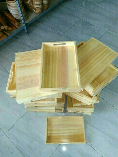 Nampan Kayu / Baki Kayu / Tray Kayu Pinus 28 x 18 cm pegangan datar