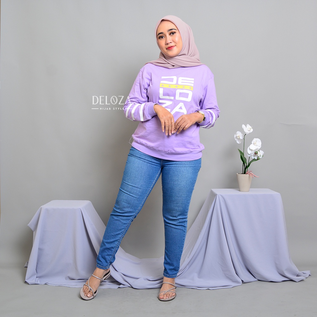 Sweetshirt Wanita Sablon Atasan Wanita Kaos Lengan Panjang Terbaru Blouse Jumbo Original Deloza Rib