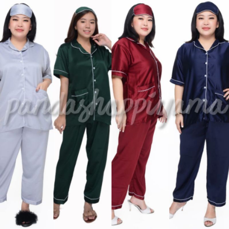 piama satin polos jumbo LD120 / baju tidur big size setelan celana panjang / piama SET lengan pendek