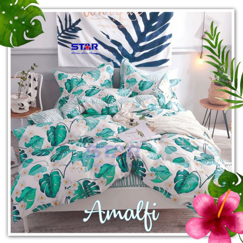 Sprei katun lokal premium motif daun monstera warna tosca & hijau