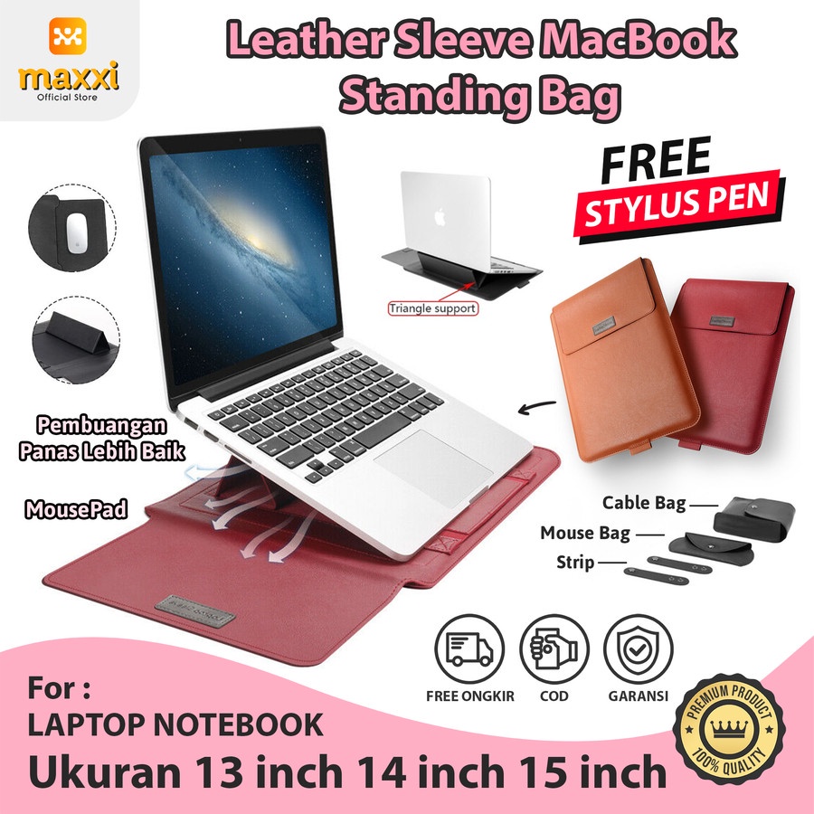 Leather Bag Sleeve Stand Case Tas Laptop Asus Lenovo HP Acer Msi Dell Casing Pelindung Clutch Pouch 