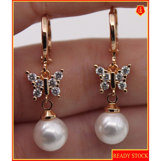 [Ready Stock]New 18K Rose Gold Pearl Butterfly Diamond Earrings