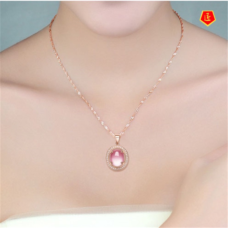 [Ready Stock]Rose Gold Micro-Inlaid Pink Crystal Rose Quartz Pendant Silver Necklace