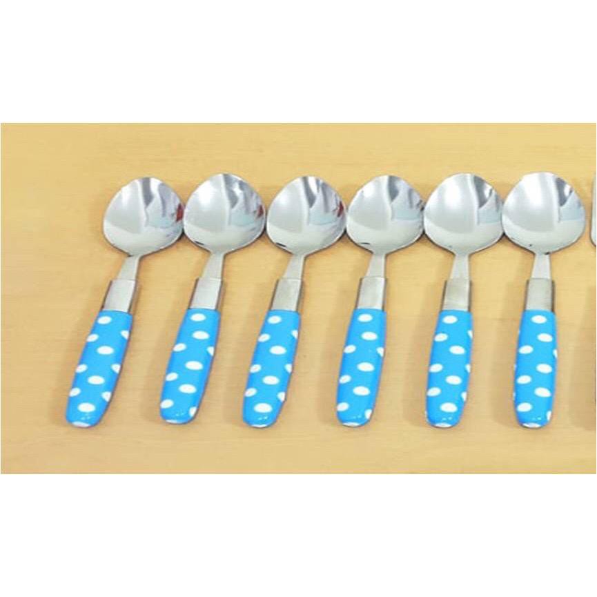 Sendok Set Polkadot Stainless Steel Spoon 6 pcs Alat Makan Kitchen Tools Travel Portable Dining New