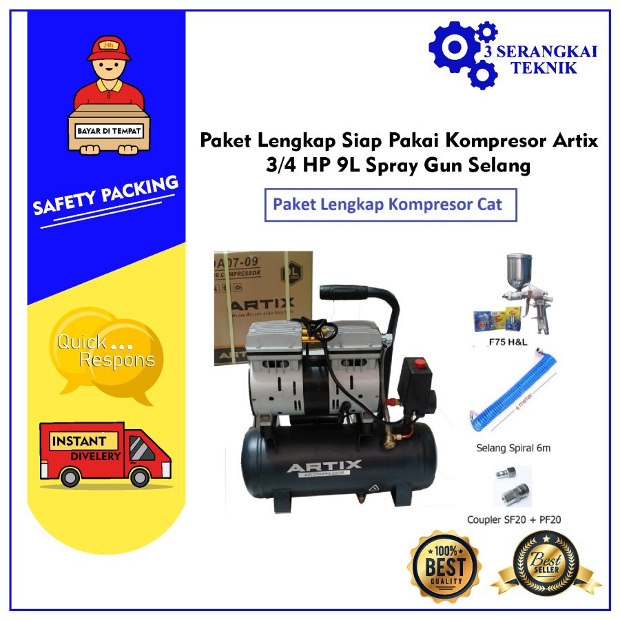 [5ITEM] Paket Lengkap Siap Pakai Kompresor Artix 3/4 HP 9L Spray Gun Selang