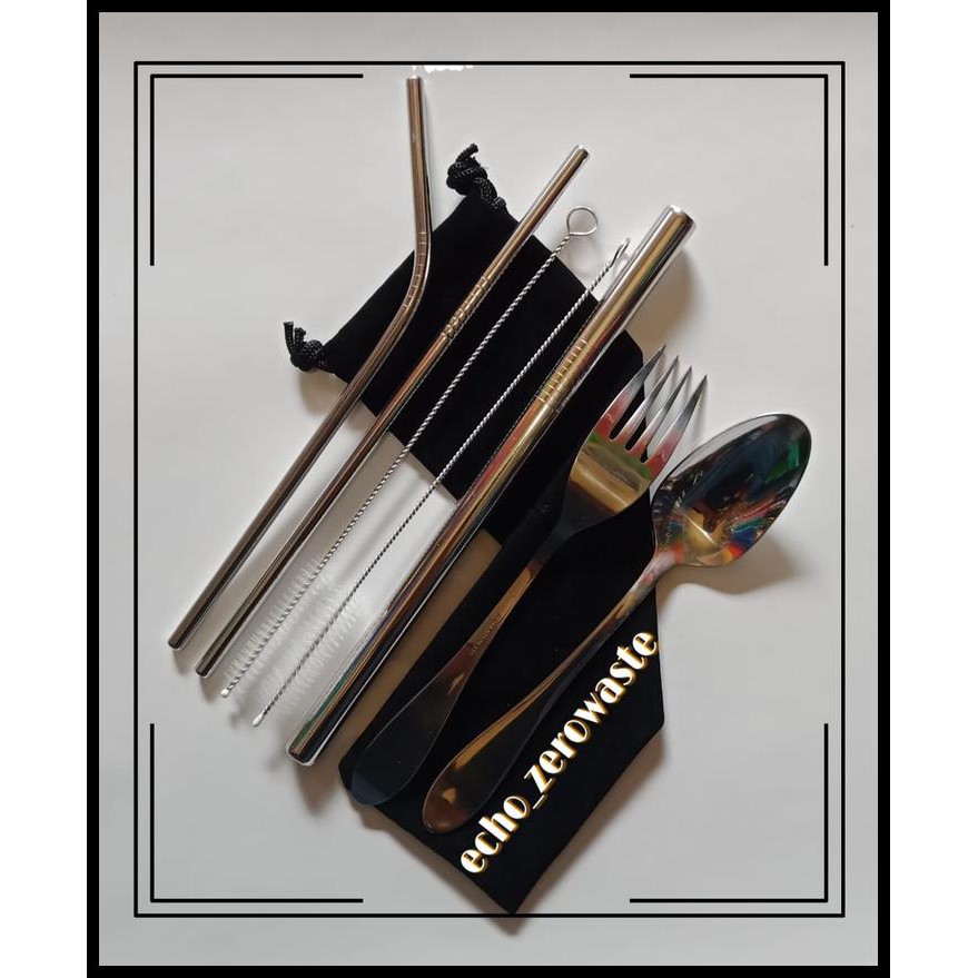 Flash Sale - Sedotan Stainless Set Travel Sendok Garpu Sedotan Bubble