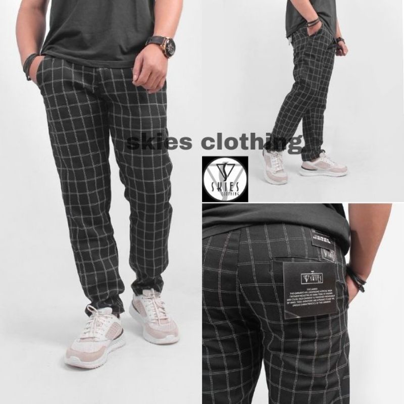 Celana Tartan Pria Trouser Tartan Casual Motif Kotak Slimfit Plaid Man Pants Pria Original Skies On