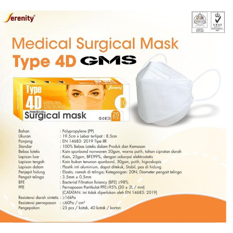 Masker Medis 4D Serenity Box isi 25 Pcs / Surgical Face Mask 4D