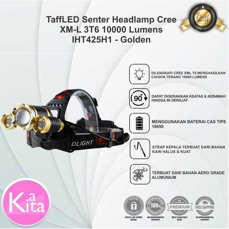 KPRO2 Senter Headlamp Cree XM-L 3T6 10000 Lumens Lampu Tempel Kepala TaffLED IHT425H1 Golden Ready M