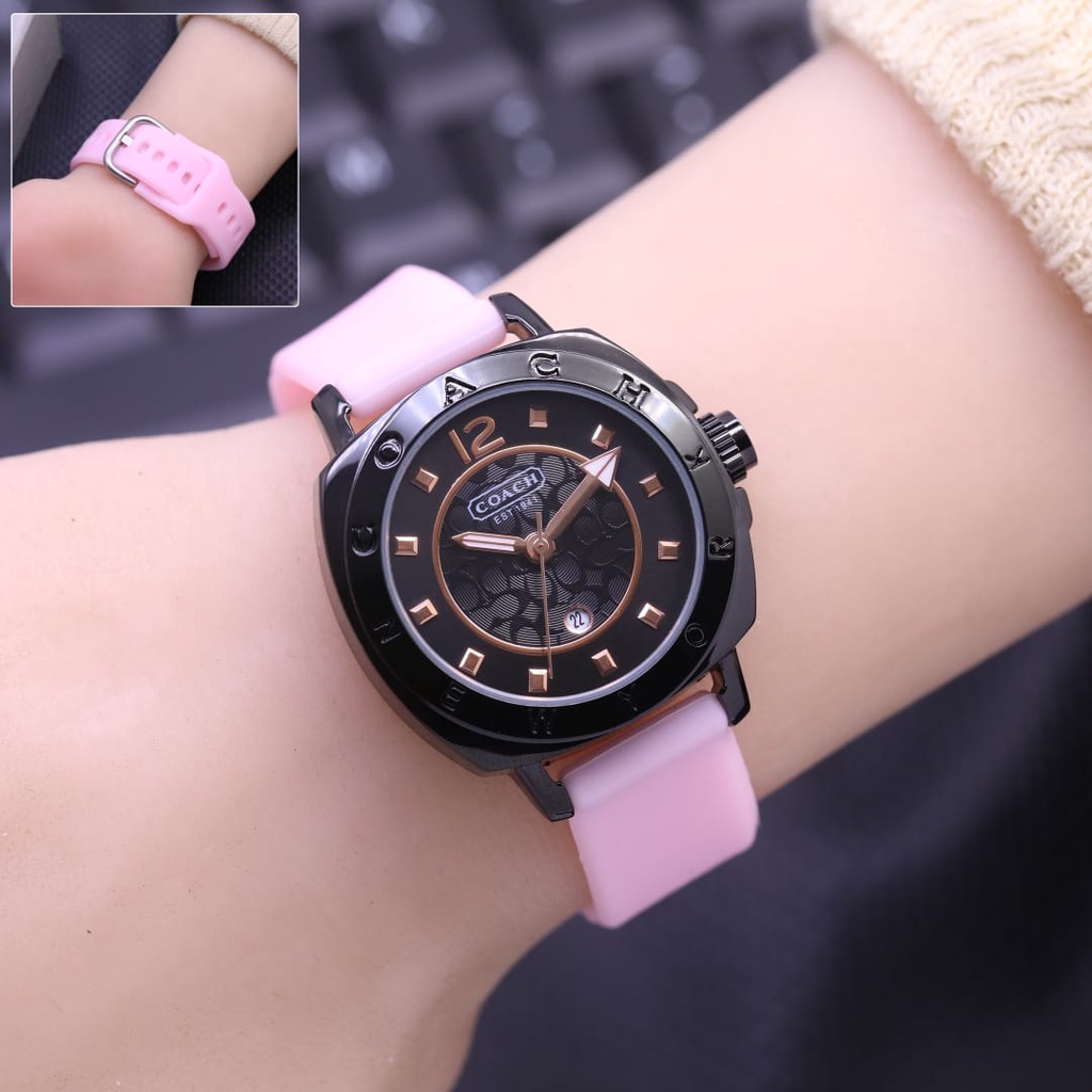 JAM TANGAN WANITA COACH FM70 TALI RUBBER TANGGAL AKTIF DM 3.0CM FREE BOX  || JAM TANGAN FASHION WANITA COACH