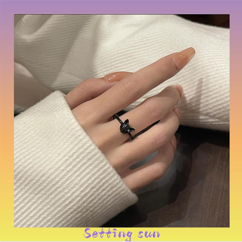 Cincin Kucing Hitam Wanita Trendi Desain Niche Cincin Jari Telunjuk Fashion Kepribadian Cincin TN