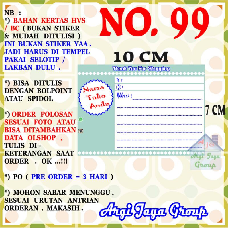 

Label Pengiriman Alamat Olshop Murah Nomer 99 - 10x7cm - Kertas BC (Manila)
