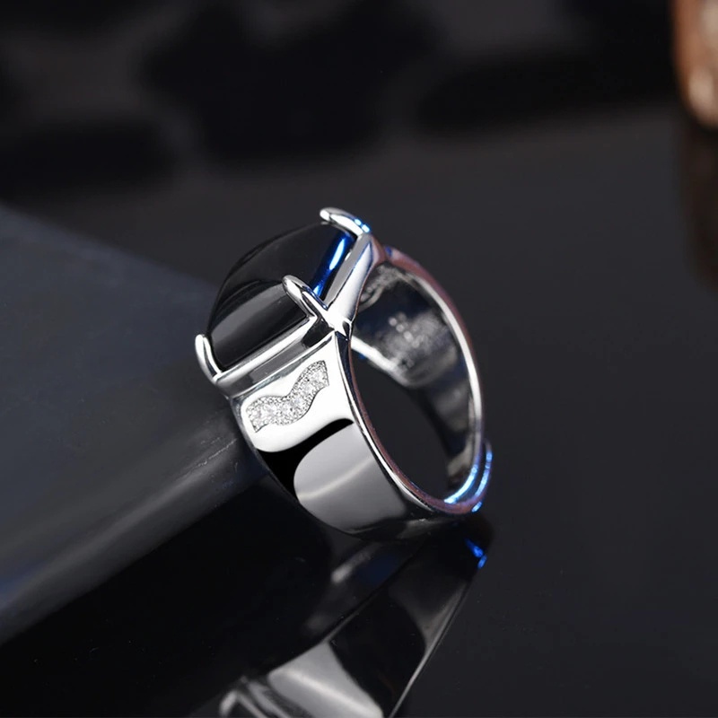 Cincin Batu Akik Onyx Hitam Imitasi Model Terbuka Dapat Disesuaikan Bentuk Persegi Gaya Vintage Punk Klasik Untuk Pria