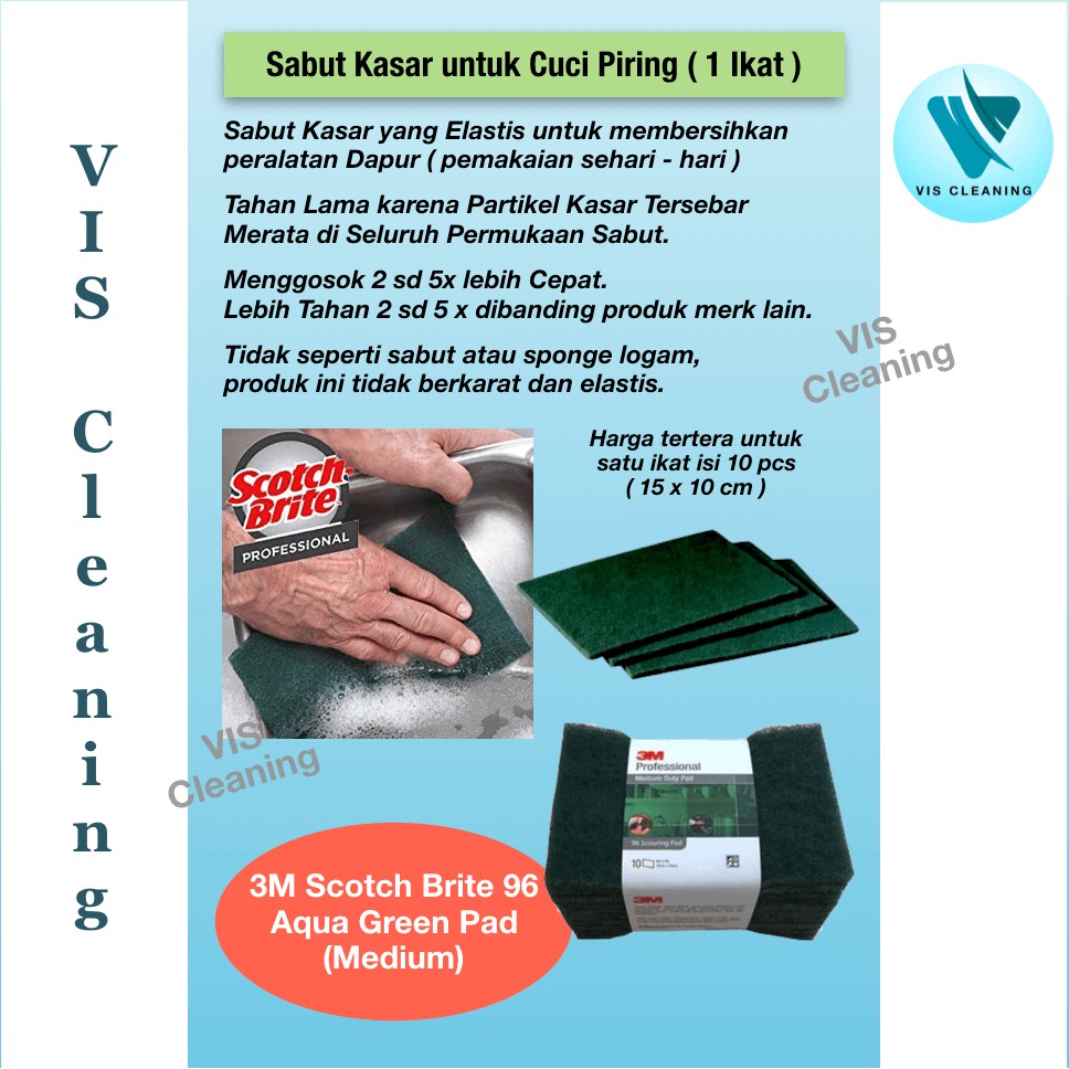 Sabut Kasar Cuci Piring 3M S/B 96 Aqua Green Pad (1 ikat isi 10 pcs)