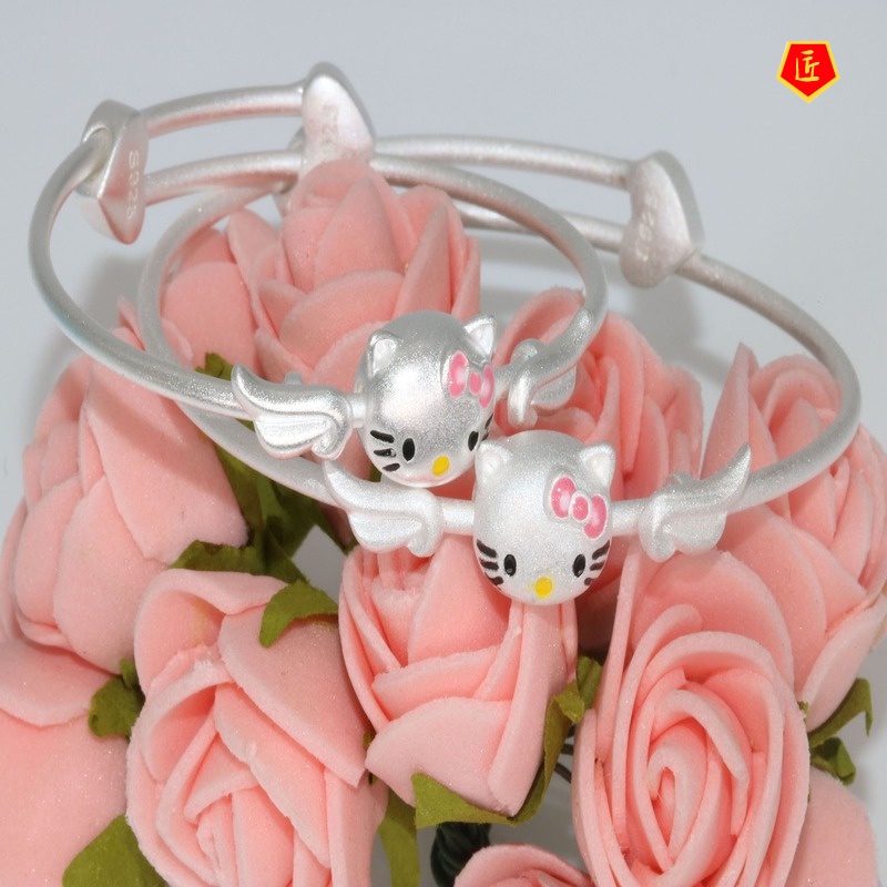 [Ready Stock]Cartoon Cat Solid Silver Bracelet for Girls Cute Personality