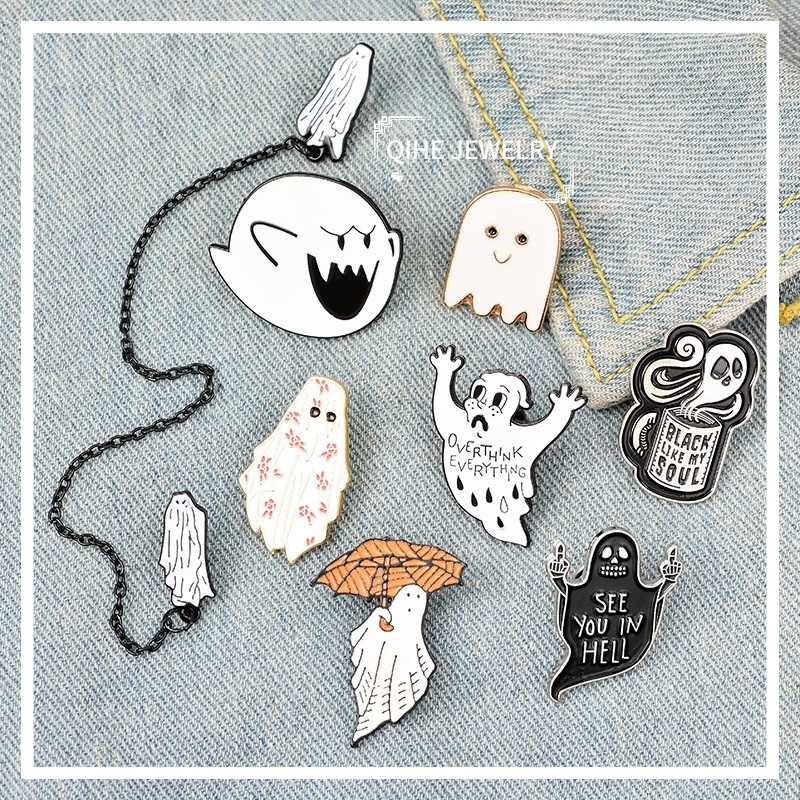 Bros pin Enamel Desain Ghost Escape Payung Kopi Overthink Untuk Hadiah Halloween