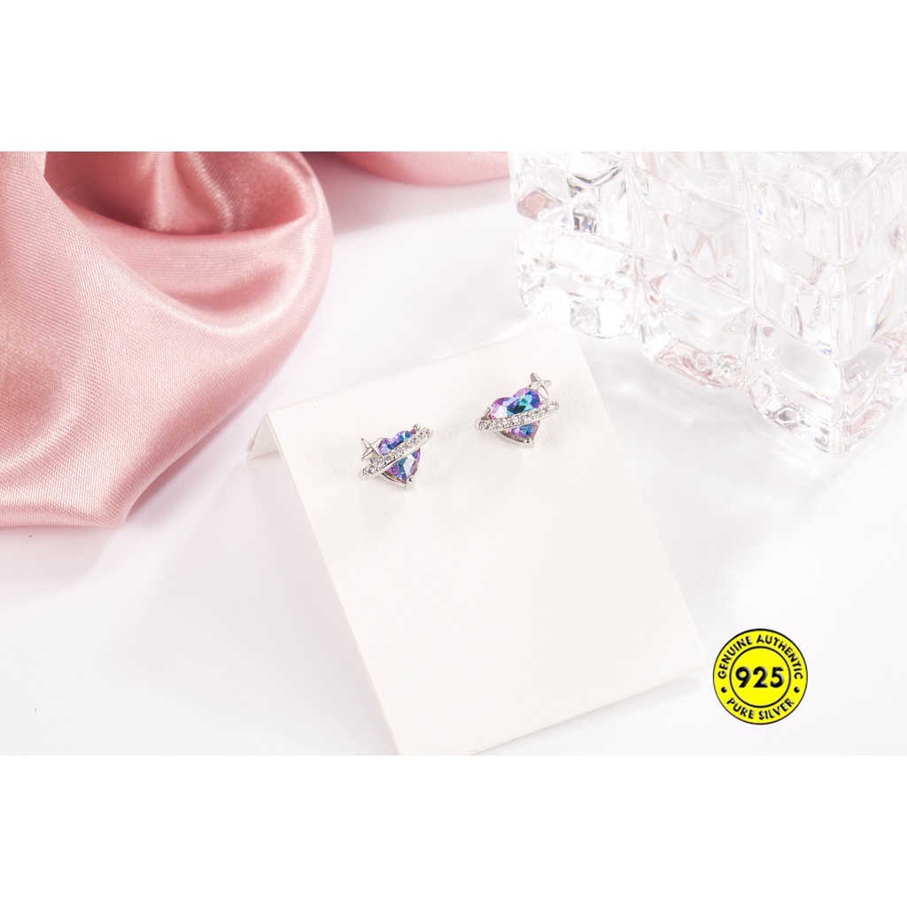 Anting Stud Desain Hati Saturnus Aksen Berlian Gaya Korea Untuk Wanita