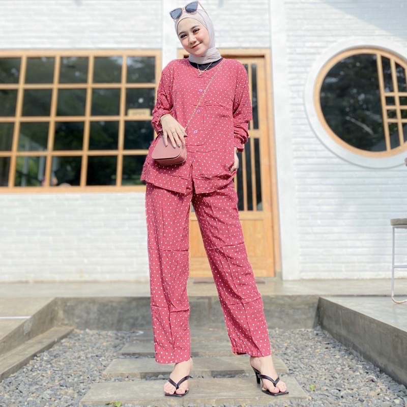 DAILY SET BAJU TIDUR PIYAMA ONE SET SETELAN RAYON MOTIF POLKADOT SETELAN