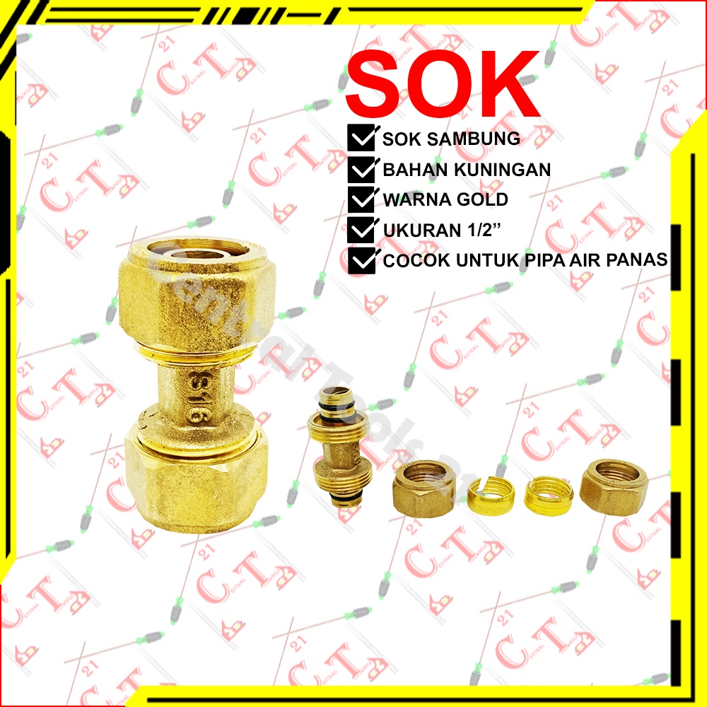 Sok Sambung Air Panas Sok Sambung Pipa Air Panas Kuningan 1/2" Inch
