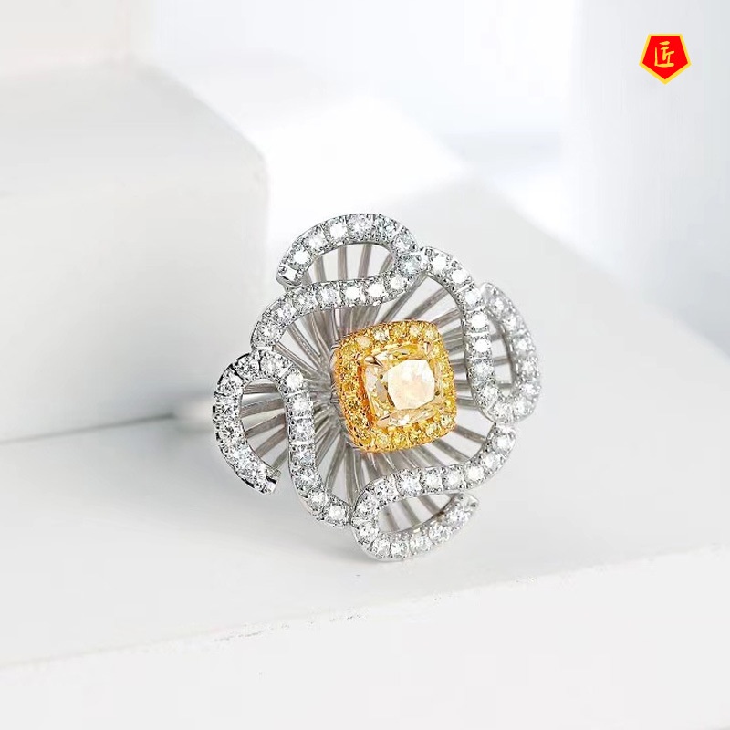 [Ready Stock]Luxury Micro-Inlaid Diamond Clover Flower Yellow Diamond Ring